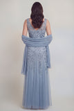 Grey Blue Floral V-Neck A Line Tulle Long Mother of The Bride Dress