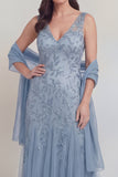 Grey Blue Floral V-Neck A Line Tulle Long Mother of The Bride Dress
