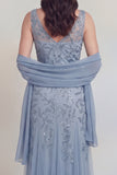 Grey Blue Floral V-Neck A Line Tulle Long Mother of The Bride Dress