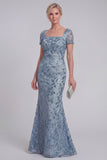 Grey Blue Floral Lace Mermaid Sequins Long Mother of The Bride Dress with Sleeves