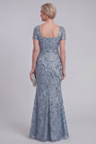 Grey Blue Floral Lace Mermaid Sequins Long Mother of The Bride Dress with Sleeves