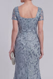 Grey Blue Floral Lace Mermaid Sequins Long Mother of The Bride Dress with Sleeves