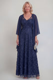 Navy Lace Floral A Line Sequins Long Mother of The Bride Dress with Jacket