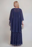 Navy Lace Floral A Line Sequins Long Mother of The Bride Dress with Jacket