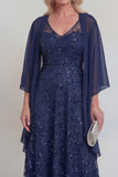 Navy Lace Floral A Line Sequins Long Mother of The Bride Dress with Jacket