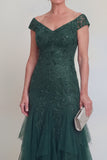 Dark Green Tulle Ruffled V-Neck Long Mother of The Bride Dress with Sleeves