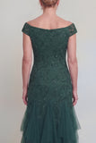 Dark Green Tulle Ruffled V-Neck Long Mother of The Bride Dress with Sleeves