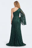 Dark Green Lace Mermaid One Shoulder Long Mother of The Bride Dress with Sleeves