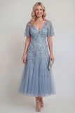 Grey Blue Tulle Floral Sequins V-Neck Long Mother of The Bride Dress with Sleeves