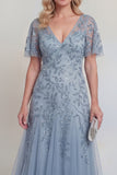 Grey Blue Tulle Floral Sequins V-Neck Long Mother of The Bride Dress with Sleeves