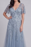 Grey Blue Tulle Floral Sequins V-Neck Long Mother of The Bride Dress with Sleeves
