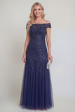 Navy Tulle Floral Sequins Off The Shoulder Long Mother of The Bride Dress