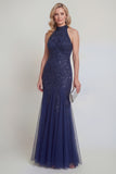 Navy Tulle Floral Sequins Halter Mermaid Long Mother of The Bride Dress