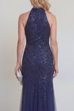 Navy Tulle Floral Sequins Halter Mermaid Long Mother of The Bride Dress