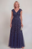 Navy Lace Floral Sequins A Line V-Neck Long Mother of The Bride Dress with Sleeves