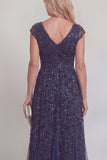 Navy Lace Floral Sequins A Line V-Neck Long Mother of The Bride Dress with Sleeves