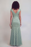 Sage Green Floral V-Neck Mermaid Long Mother of The Bride Dress with Slit