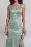 Sage Green Floral V-Neck Mermaid Long Mother of The Bride Dress with Slit