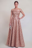 Blush Jacquard Floral Off The Shoulder A Line Long Mother of The Bride Dress