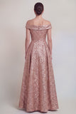 Blush Jacquard Floral Off The Shoulder A Line Long Mother of The Bride Dress