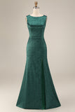 Dark Green Mermaid Bateau Neck Floral Long Mother Of the Bride Dress with Slit