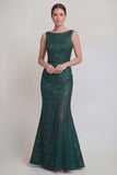 Dark Green Floral Boat Neck Mermaid Long Mother of The Bride Dress with Slit