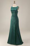 Dark Green Mermaid Bateau Neck Floral Long Mother Of the Bride Dress with Slit