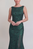 Dark Green Floral Boat Neck Mermaid Long Mother of The Bride Dress with Slit