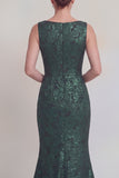 Dark Green Floral Boat Neck Mermaid Long Mother of The Bride Dress with Slit