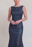 Dark Green Floral Boat Neck Mermaid Long Mother of The Bride Dress with Slit