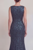 Dark Green Floral Boat Neck Mermaid Long Mother of The Bride Dress with Slit
