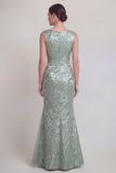 Dark Green Floral Boat Neck Mermaid Long Mother of The Bride Dress with Slit