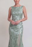 Dark Green Floral Boat Neck Mermaid Long Mother of The Bride Dress with Slit
