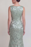 Dark Green Floral Boat Neck Mermaid Long Mother of The Bride Dress with Slit