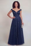 Navy Floral A Line Long Mothe of the Bride Dress