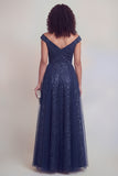 Navy Floral A Line Long Mothe of the Bride Dress