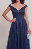 Navy Floral A Line Long Mothe of the Bride Dress