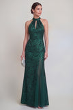 Sage Green Floral Halter Mermaid Long Mother of The Bride Dress with Slit