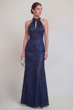 Sage Green Floral Halter Mermaid Long Mother of The Bride Dress with Slit