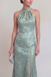 Sage Green Floral Halter Mermaid Long Mother of The Bride Dress with Slit