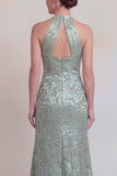 Sage Green Floral Halter Mermaid Long Mother of The Bride Dress with Slit