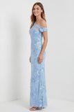 Light Blue One Shoulder Sheath Embroidered Maxi Dress with Slit