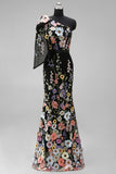 Asymmetrical One Shoulder Black Floral Embroidery Mermaid Long Wedding Guest Dress