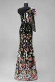 Asymmetrical One Shoulder Black Floral Embroidery Mermaid Long Wedding Guest Dress
