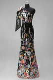 Asymmetrical One Shoulder Black Floral Embroidery Mermaid Long Wedding Guest Dress