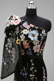 Asymmetrical One Shoulder Black Floral Embroidery Mermaid Long Wedding Guest Dress