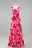 Hot Pink A-Line Floral Embroidery Maxi Floral Dress with Ruffles