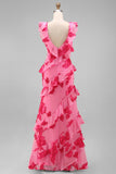 Hot Pink A-Line Floral Embroidery Maxi Floral Dress with Ruffles