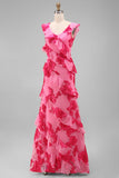 Hot Pink A-Line Floral Embroidery Maxi Floral Dress with Ruffles