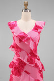 Hot Pink A-Line Floral Embroidery Maxi Floral Dress with Ruffles